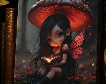 Dark Fairy Mushroom Canvas Wall Art Fantasy Decor Gothic Cottagecore Nursery Bedroom Gift