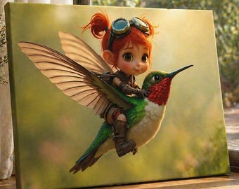 Fairy Riding Hummingbird Canvas Art, Whimsical Fantasy Nature Decor Print