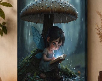 Fairy Reading Under Mushroom Canvas Wall Art Whimsical Fantasy Cottagecore Bedroom Nursery Decor
