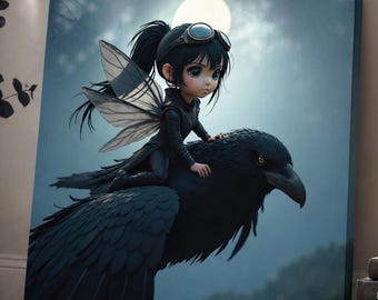 Fairy Riding Raven Canvas Art – Dark Fantasy Gothic Decor, Moody Bedroom Wall Art