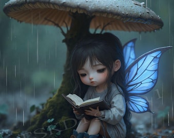 Reading Fairy Wall Art Cozy Book Lover Printable Rainy Fantasy Decor