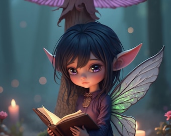 Gothic Reading Fairy Wall Art Book Lover Gift Dark Cozy Fantasy Decor