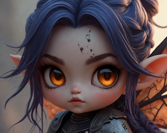 Dark Fantasy Fairy Wall Art, Gothic Printable Decor, Chibi Warrior Digital Download