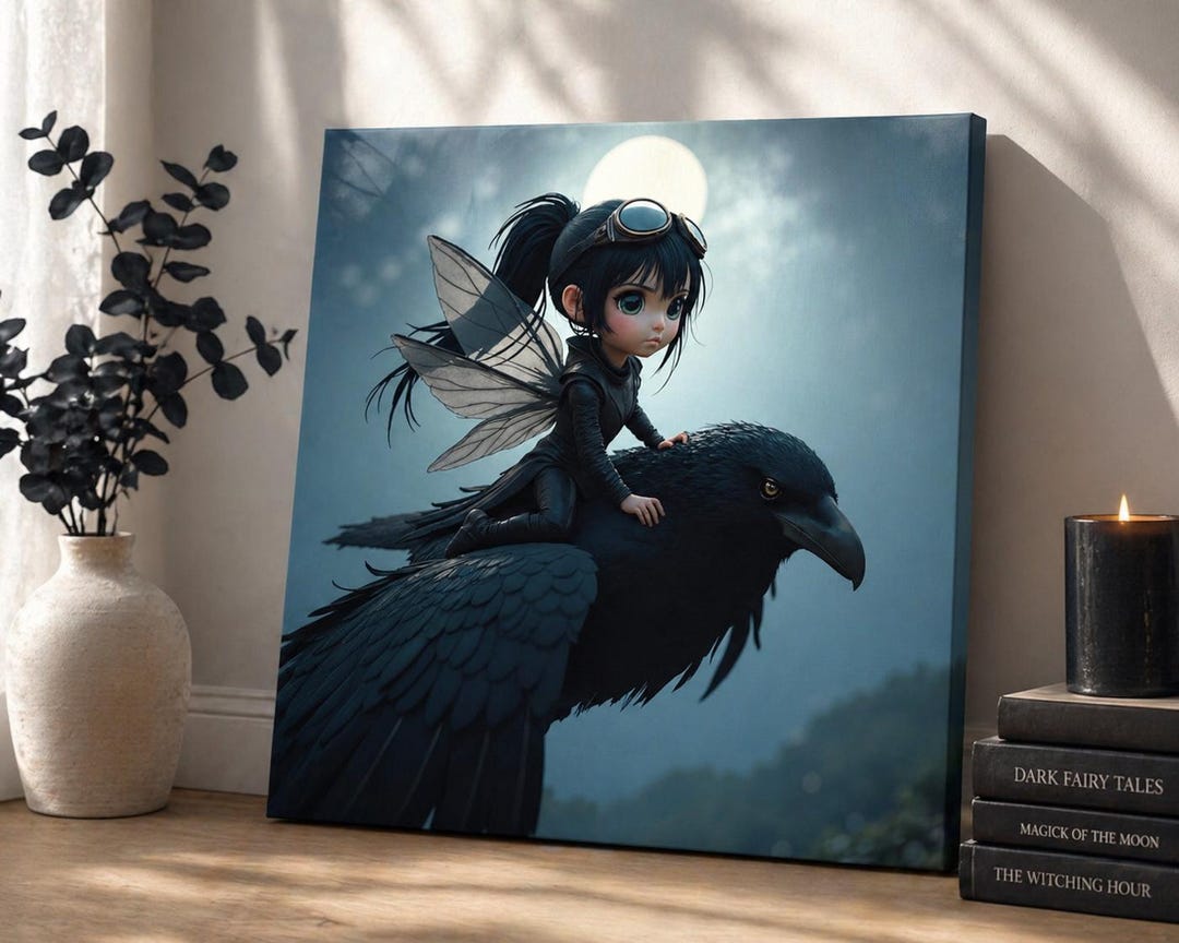 Fairy Riding Raven Canvas Art – Dark Fantasy Gothic Decor, Moody ...