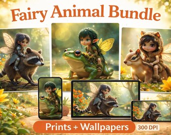 Fairy Animal Bundle, Fantasy Printable Wall Art Set, Woodland Creatures Digital Download