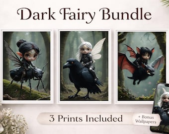 Dark Fairy Bundle, Gothic Fantasy Prints, Raven Bat Decor, Printable Download