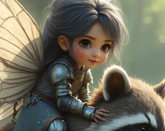 Raccoon Fairy Wall Art, Fantasy Printable, Woodland Fairy Decor, Digital Download