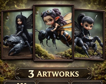 Dark Fantasy Fairy Wall Art Set of 3, Gothic Insect Rider Prints, Digital Download