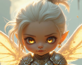 Golden Fairy Warrior Printable Wall Art, Light Fantasy Fairy Knight, Digital Download Decor