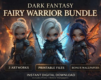 Dark Fantasy Fairy Warrior Bundle, Gothic Wall Art Prints, Digital Download Set