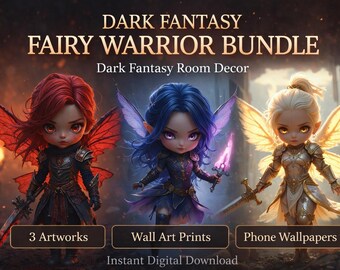 Dark Fantasy Fairy Wall Art Bundle, Chibi Warrior Prints, Printable Gothic Decor