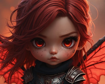 Dark Fire Fairy Warrior Printable Wall Art, Red Fantasy Fairy Knight, Digital Download Decor