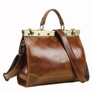 Full Grain Leather Doctor Bag, Vintage Top Handle Satchel, Frame Clasp Handbag Gift
