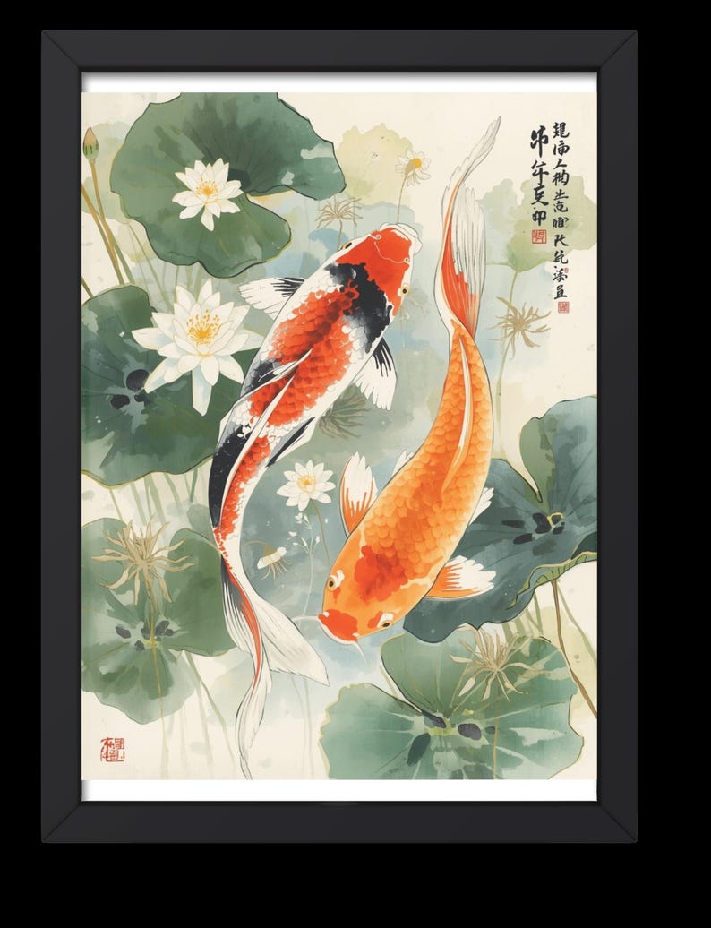Koi Fish Wall Art | Japanese Watercolor Two Koi With Lotus | Digital ...