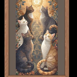 Puede incluir: Una impresión artística enmarcada que presenta seis gatos en varias poses, sobre un fondo de formas geométricas y elementos florales. Los gatos muestran una gama de colores, incluyendo blanco, gris, marrón y naranja. La obra de arte está encerrada en un marco de madera.