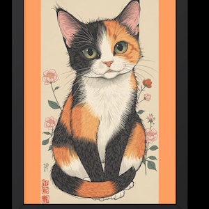 May include: A framed art print featuring a calico cat with black, orange, and white fur, green eyes, and pink ears. The cat is surrounded by pink flowers on a cream background with an orange border. The frame is black.