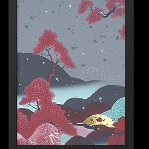 May include: Framed art print featuring a stylized landscape with red trees, dark mountains, and a golden sun. The artwork has a serene, almost dreamlike quality, with a muted color palette of blues, reds, and grays. The print is encased in a black frame.