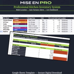 Könnte beinhalten: Eine digitale Tabelle mit dem Titel "MISE EN PRO" für ein professionelles Kücheninventarsystem. Die Tabelle zeigt Artikelnamen, Kategorien, Lagerbereiche und Stückkosten an. Das Bild zeigt auch ein Dashboard mit Inventarzusammenfassungen und eine Google Sheets-Vorlage.