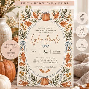 Szablon zaproszenia na jesienny baby shower, zaproszenie na dyniowy baby shower, jesienne kwiatowe baby shower, zaproszenie z niebieską kokardą, edytowalne zaproszenie Canva