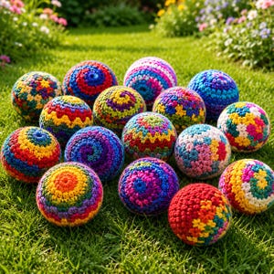 May include: A collection of colorful, crocheted balls in various sizes and patterns, resting on a bed of green grass. The balls feature vibrant hues of red, yellow, blue, and green, creating a playful and eye-catching display.