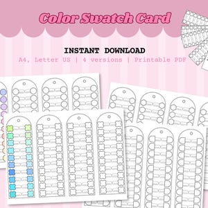 May include: Color swatch cards with various shapes and color gradients. The cards are labeled "Color Swatch Card" and "Instant Download". The cards are available in A4 and Letter US sizes, with 4 versions, and are printable PDFs.