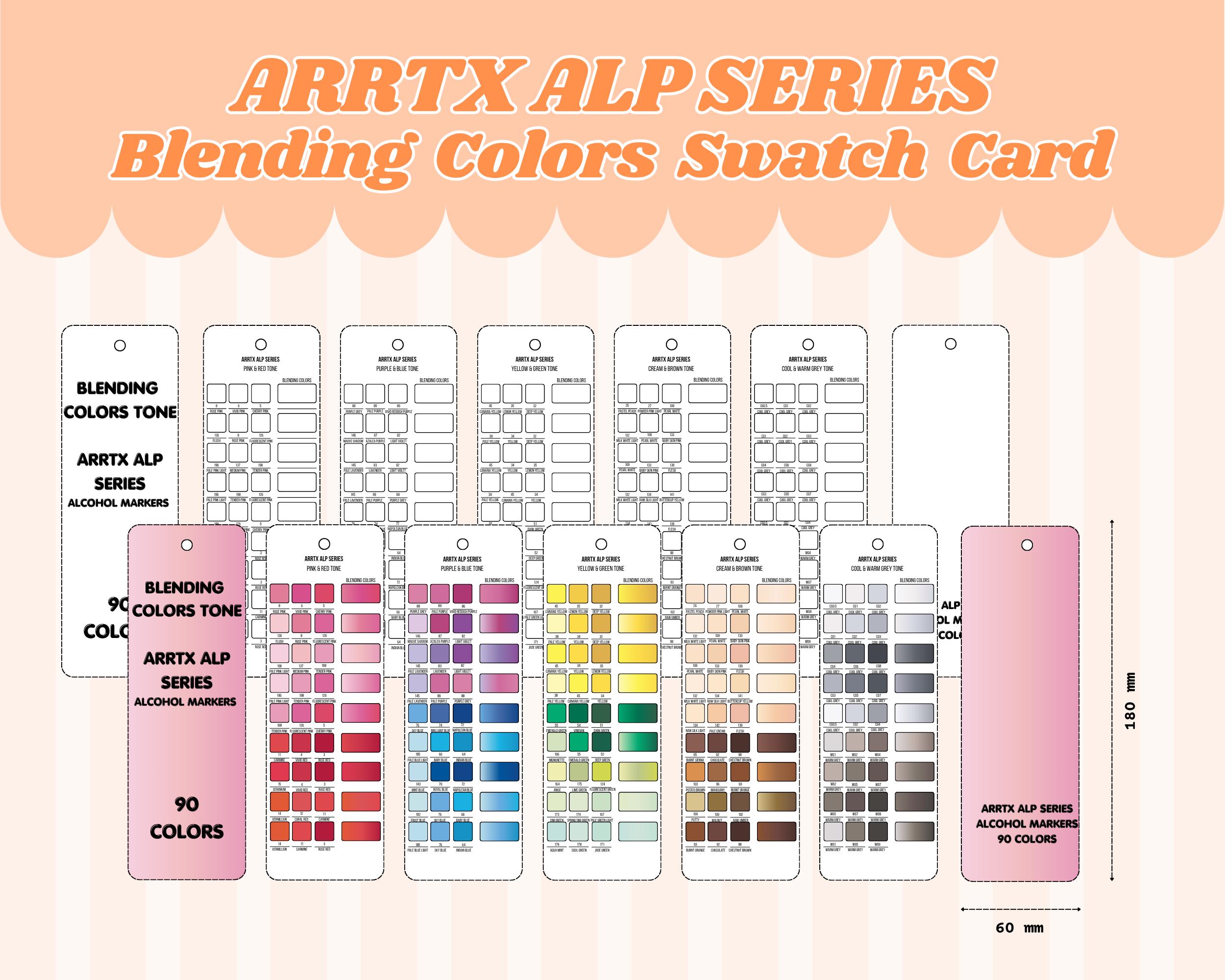 Arrtx ALP 90 Colors Swatch Chart, Alcohol Marker Blending Chart ...