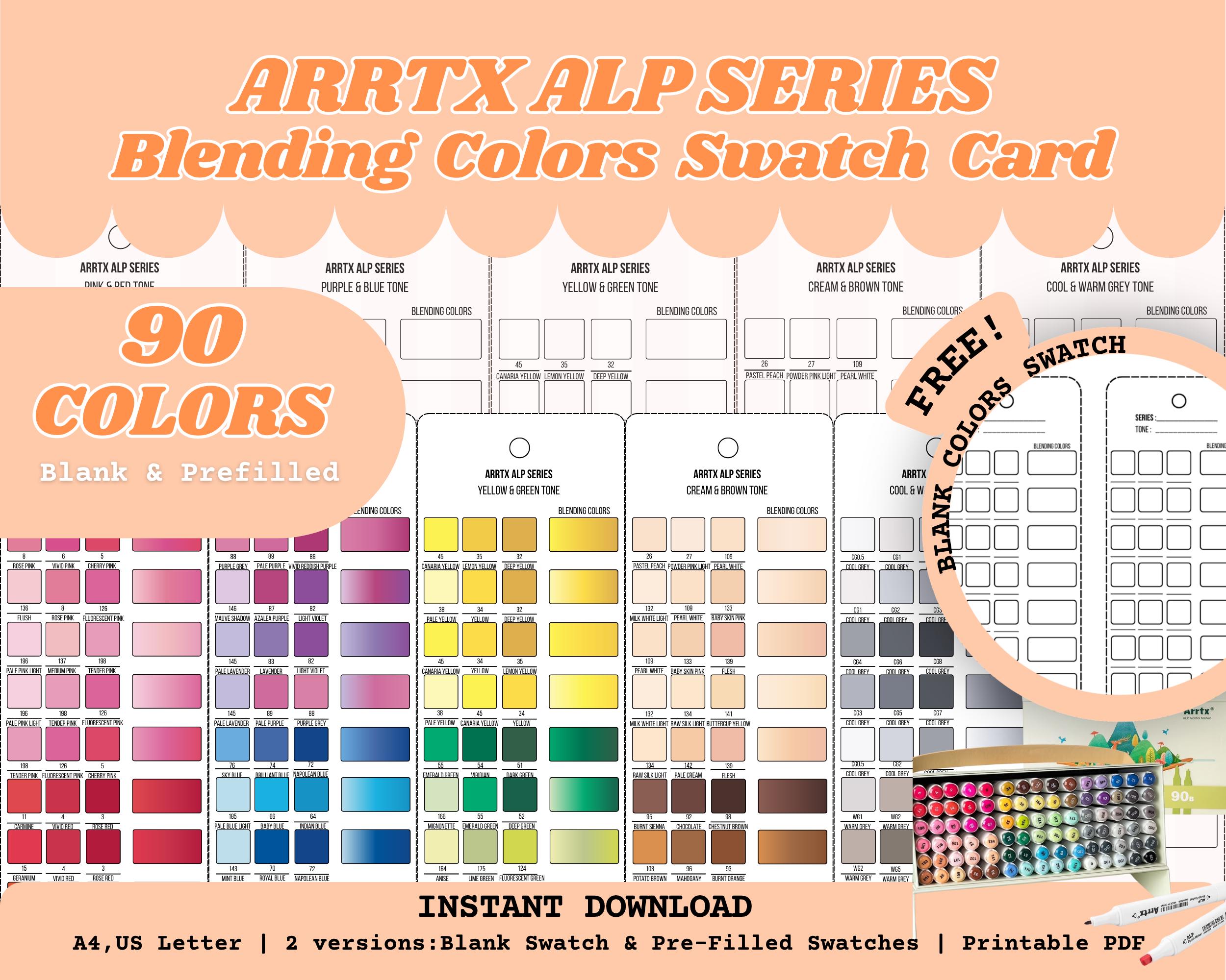 Arrtx ALP 90 Colors Swatch Chart, Alcohol Marker Blending Chart ...