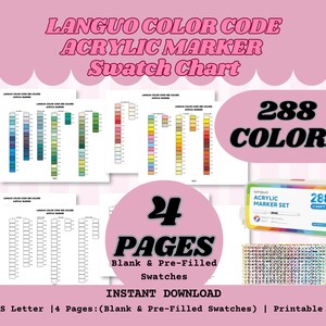 Tabella colori Languo con 288 colori di pennarelli acrilici, tabella colori stampabile, campioni precompilati vuoti, download in PDF in formato A4 e US Letter.