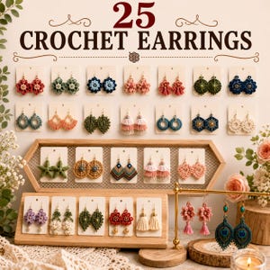 Pacchetto di modelli per orecchini all'uncinetto, 25 gioielli pendenti boho, orecchini micro floreali e a forma di cuore, artigianato fatto a mano