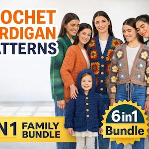 Paquete de patrones de crochet para cárdigan: suéter cuadrado de abuela extragrande, chaqueta bohemia con margaritas, jersey raglán de patchwork,