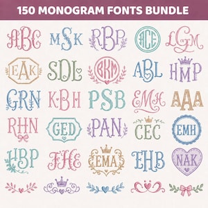May include: A digital collection titled 150 MONOGRAM FONTS BUNDLE featuring a grid of various embroidered-style monogram designs in multiple colors. The monograms include letters in cursive, serif, and sans-serif fonts, decorated with hearts, crowns, bows, and floral vines.