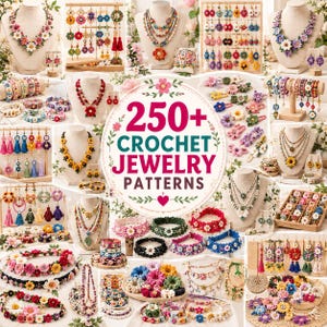 Paquete de más de 250 patrones de joyería de ganchillo, pulsera y pendientes de flores, collar de tulipán hecho a mano y pinza para el cabello,