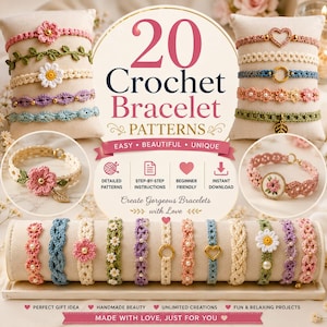 20 Crochet Bracelet Pattern Bundle , Boho Chic Jewelry , Minimalist Macrame Wristband, Friendship Stacking Bracelets