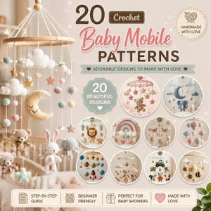 Puede incluir: Una guía digital con 20 patrones de ganchillo para móviles de bebé con el texto 20 Crochet Baby Mobile Patterns, 20 Beautiful Designs y Step-by-Step Guide. La imagen muestra un móvil colgante con nubes, estrellas, una luna, un oso, un conejo y un elefante tejidos a ganchillo, junto a miniaturas circulares de otros diseños de móviles.
