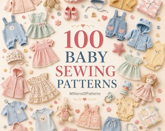 Bundel met meer dan 100 naaipatronen voor baby's, patronen voor pasgeboren kleding en speelgoed, babyrompertjes, babyschoentjes, mutsjes,