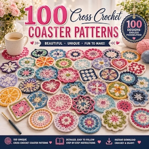 100+ Crochet Coaster Pattern Bundle , Drink Mug Rug Table Decor, Floral Mandala Heart Mat ,