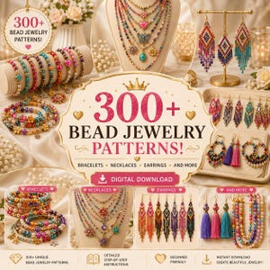 Puede incluir: Una colección digital de más de 300 patrones de joyería con cuentas que incluye pulseras coloridas, collares en capas y pendientes de flecos. La muestra presenta diversos diseños de cuentas con motivos florales, de corazón y de mariposa.