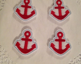 White Mini felt anchor applique with Red embroidering and light Blue edge stitching-set of 4