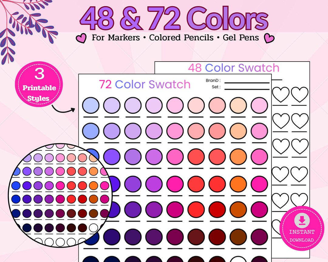 48 & 72 Color Swatch Chart Printable PDF, Marker Tracker Bundle ...