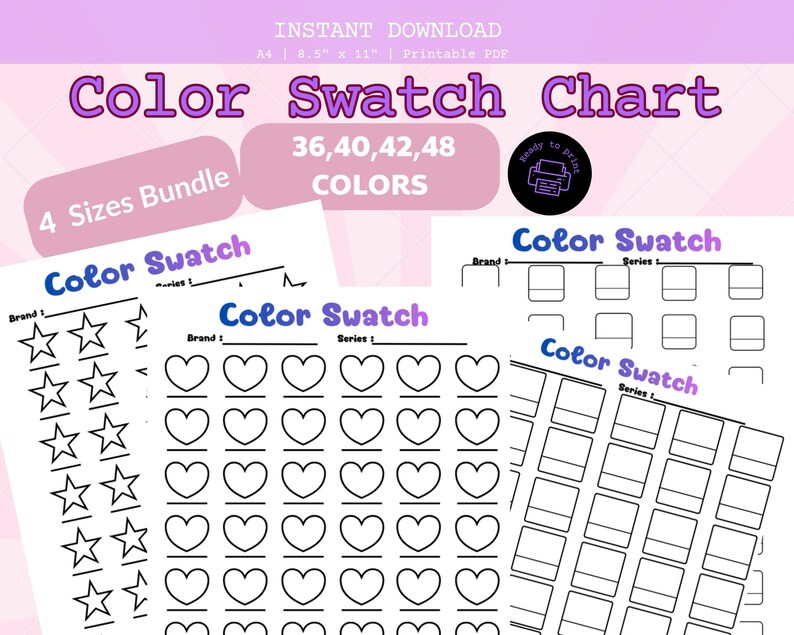 Color Chart Bundle Printable | 36 40 42 48 Colors | 4 Sizes Swatch ...