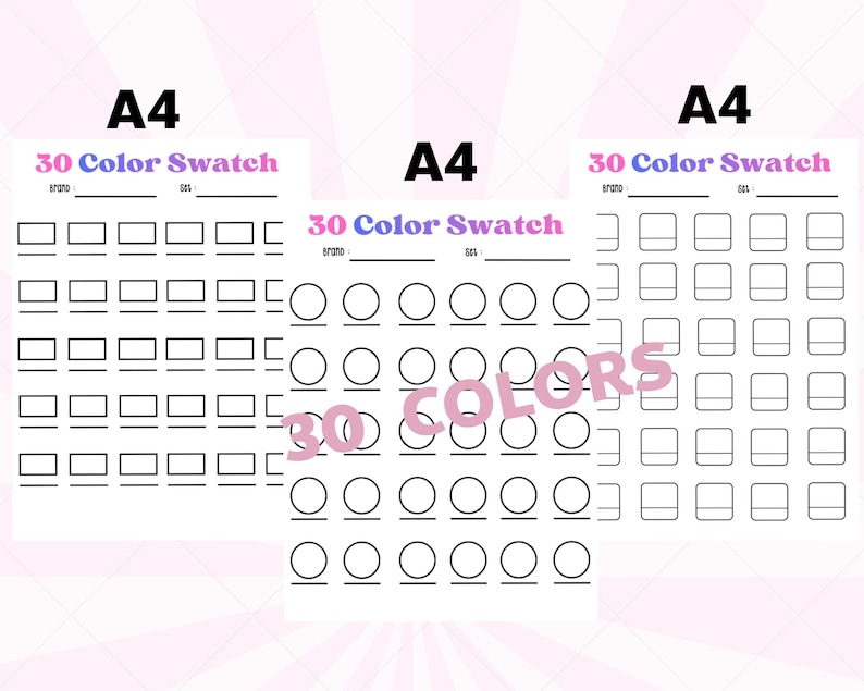 Swatch Rectangular 30 Color Swatch Chart Printable A4 PDF Marker Tracker Template Coloring ...