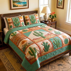 Juego de ropa de cama con diseño de cactus y patchwork, edredón estilo suroeste, colcha bohemia del desierto, ropa de cama de estilo rústico occidental, decoración acogedora para el dormitorio.