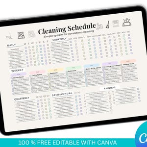 Puede incluir: Un programa de limpieza digital que se muestra en una tableta negra. El programa se divide en tareas diarias, semanales, trimestrales, semestrales y anuales. El texto "Cleaning Schedule" está en la parte superior, con el logotipo de Canva en la parte inferior.