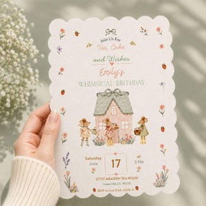 May include: A whimsical birthday invitation with a scalloped edge. The invitation features a watercolor illustration of a house with mice, flowers, and the text "Join Us For Tea, Cake and Wishes, Emily's Whimsical Birthday". The date is June 17th.