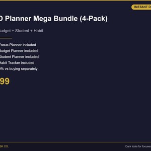 May include: A dark blue graphic advertising an "ADHD Planner Mega Bundle (4-Pack)". The bundle includes focus, budget, student, and habit planners. The image also states "Save 30% vs buying separately".