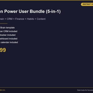 Może przedstawiać: Ciemnoniebieska grafika z tekstem "Notion Power User Bundle (5-w-1)". Pakiet zawiera szablon Second Brain, Freelancer CRM, narzędzie do śledzenia budżetu, panel nawyków i kalendarz treści. Cena wynosi 24,99 €.