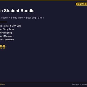 Notion Studentmallpaket | Akademisk spårning + studietimer + boklogg | GPA-kalkylator, uppgiftshanterare | Mörkt läge | 3-i-1
