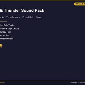 Könnte beinhalten: Werbung für ein digitales "Rain & Thunder Sound Pack" mit dunkelblauem Hintergrund und gelbem Text. Das Paket enthält erweiterte Regen-Tracks, Gewittergeräusche und Waldregen. Sofortiger MP3-Download.