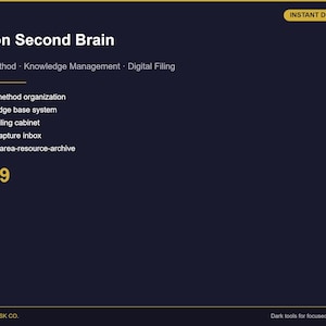 May include: A digital product advertisement on a dark blue background. The text reads "Notion Second Brain" with bullet points describing features like PARA method organization and a knowledge base system. The price is $9.99. The words "Instant Download" are in the top right corner.