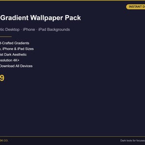 Könnte beinhalten: Dunkelblaues Grafikdesign mit dem Text "Dark Gradient Wallpaper Pack" und Produktdetails, einschließlich "20 Hand-Crafted Gradients" und "Instant Download All Devices". Der Preis ist 1,99 €.